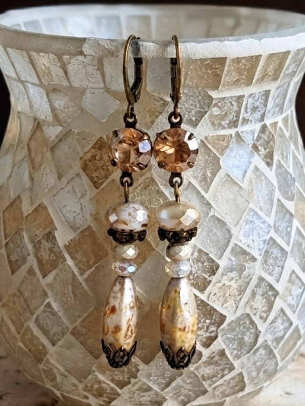Victorian Rustic  White & Champagne Crystal Chandelier Earrings In Brass